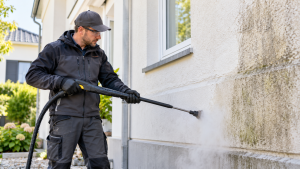 Fachmann reinigt eine verschmutzte Hausfassade mit einem Dampfstrahlgerät und entfernt schonend Algen und Schmutz.