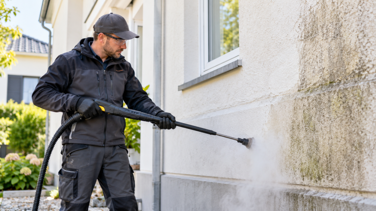 Fachmann reinigt eine verschmutzte Hausfassade mit einem Dampfstrahlgerät und entfernt schonend Algen und Schmutz.
