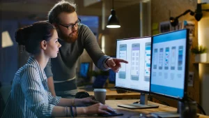Zwei junge Kollegen arbeiten gemeinsam an einem UX/UI-Design auf einem Doppelmonitor. Der eine Kollege sitzt am Schreibtisch und bedient Maus und Tastatur, während der andere Kollege neben ihr steht und auf einen der Bildschirme zeigt, der mobile App-Layouts zeigt. Im Hintergrund ist ein ein moderne, kreativ gestaltetes Büro zu sehen.