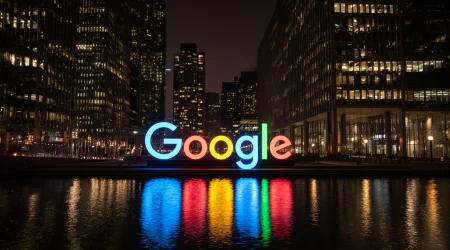 Google Logo in Leuchtschrift vor einer Skyline bei Nacht. Der Schriftzug spiegelt sich im Wasserbecken davor.