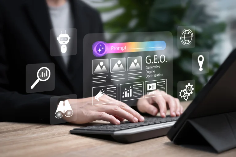 Geschäftsfrau nutzt Konzept der generativen Suchmaschinen. Sie tippt auf ihrer Tastatur.