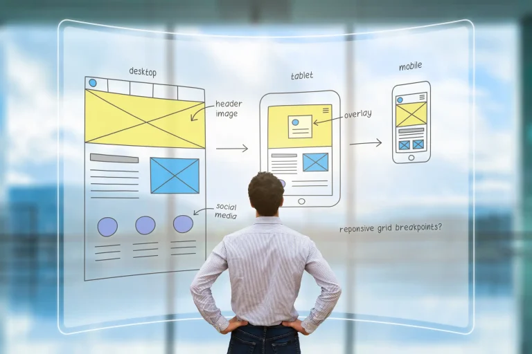 Ein Webdesigner betrachtet eine futuristische, transparente Benutzeroberfläche (UI), die Wireframes für Responsive Design auf Desktop, Tablet und Smartphone zeig.