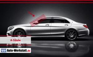 Silberner Mercedes mit markierter A-Säule