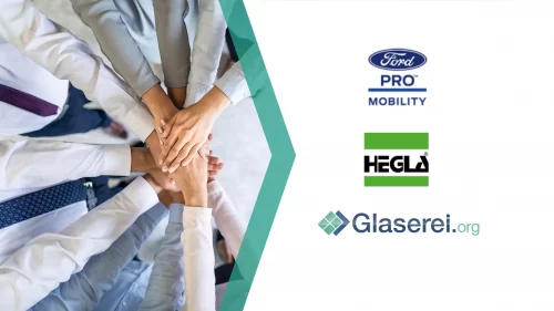 Mehrere Personen Legen Ihre Hände Übereinander In Einem Teamwork-Symbol. Auf Der Rechten Seite Sind Die Logos Von Ford Pro Mobility, Hegla Und Glaserei.org Abgebildet.