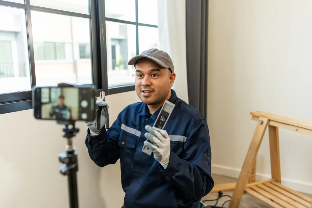 Ein Handwerker hält ein Digitalmessgerät in die Kamera und filmt sich dabei mit einem Smartphone auf einem Stativ für soziale Medien.