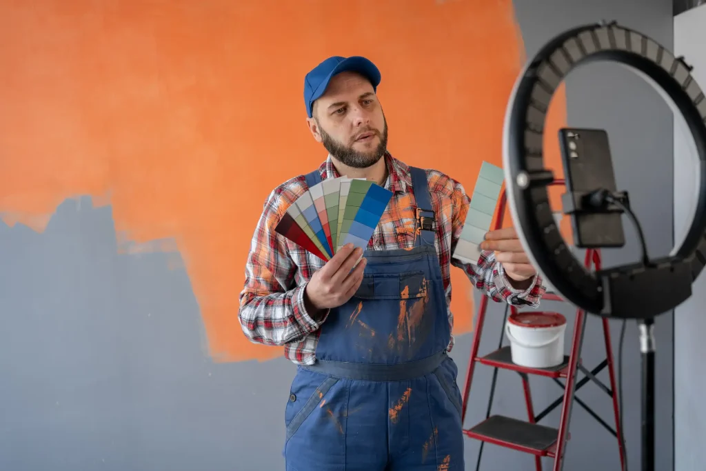 Ein Maler steht vor einer halb gestrichenen Wand und präsentiert verschiedene Farbmusterkarten vor einer Kamera, um seinen Malerbetrieb auf Social Media zu vermarkten.