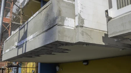 Sanierung von Balkonen an der Fassade eines Eigentumswohnhauses nach Degradation und Rissen in der Stahlbetonkonstruktion. Frisch aufgetragener Reparaturmörtel und sichtbare Betonausbrüche zeigen den Instandsetzungsprozess. Ein Baugerüst ist für die Renovierungsarbeiten aufgestellt.