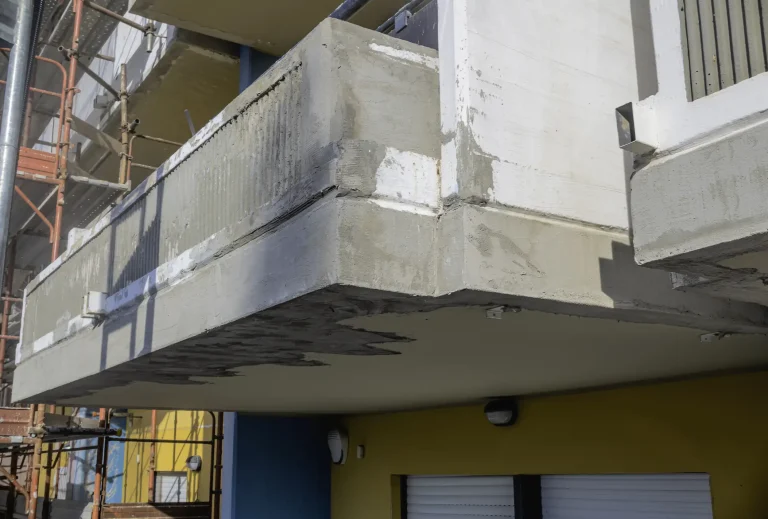 Sanierung von Balkonen an der Fassade eines Eigentumswohnhauses nach Degradation und Rissen in der Stahlbetonkonstruktion. Frisch aufgetragener Reparaturmörtel und sichtbare Betonausbrüche zeigen den Instandsetzungsprozess. Ein Baugerüst ist für die Renovierungsarbeiten aufgestellt.