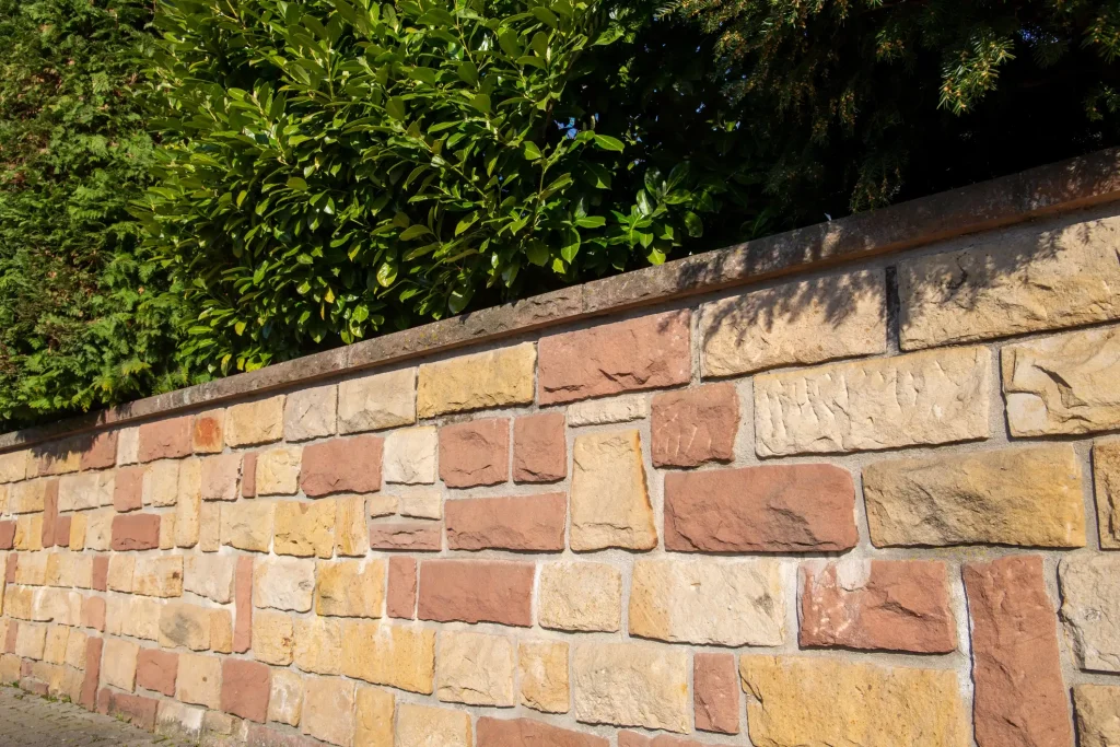 Natursteinmauer aus gelblichen und rötlichen Sandsteinen als Grundstücksabgrenzung. Die Mauer ist mit einer Steinabdeckung versehen und wird von grünen Sträuchern und Bäumen gesäumt. Sonnenlicht hebt die Struktur und Farbvielfalt der Steine hervor.