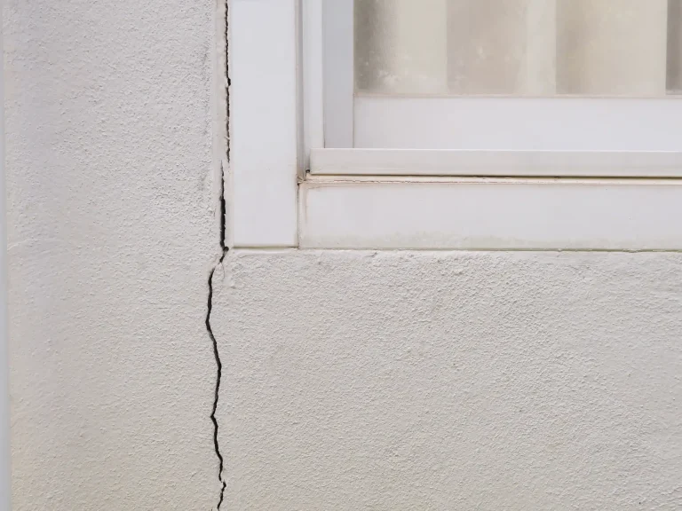 Langer vertikaler Riss in einer weißen, verputzten Betonwand, der sich von unten bis zum Fensterrahmen erstreckt. Das Fenster hat einen weißen Kunststoffrahmen mit einer leicht verschmutzten unteren Kante. Die Glasscheibe ist milchig und reflektiert leicht das Umfeld.