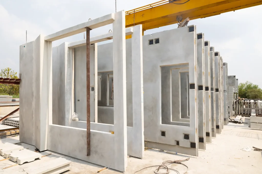 Baustelle mit vorgefertigten Betonfertigteilen für den Hausbau. Die massiven Betonwände mit Fensterausschnitten stehen bereit für die Montage.