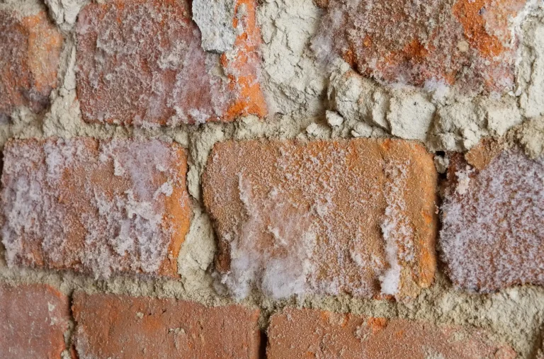 Feuchtes Mauerwerk mit Salzausblühungen. Die roten Ziegelsteine einer Wand sind stellenweise von weißlichen, kristallinen Ablagerungen überzogen, die durch aufsteigende Feuchtigkeit und die Auskristallisierung von Salzen entstehen.
