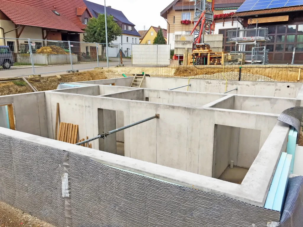 Baugrube mit fertigem Betonfundament und Kellerwänden im Rohbau auf einer Baustelle in einem Wohngebiet. Im Hintergrund sind umliegende Häuser und Baustellenmaterialien sichtbar.