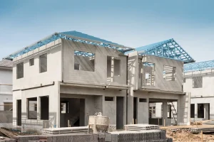 Rohbau eines zweigeschossigen Wohnhauses mit unverputzten Betonwänden und einem offenen Dachstuhl aus blauen Stahlträgern auf einer Baustelle.