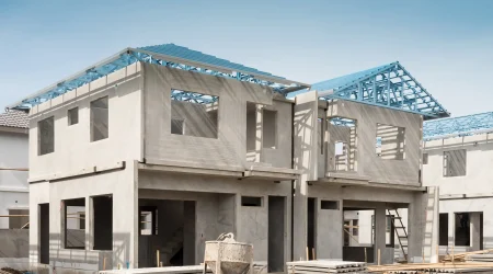 Rohbau eines zweigeschossigen Wohnhauses mit unverputzten Betonwänden und einem offenen Dachstuhl aus blauen Stahlträgern auf einer Baustelle.