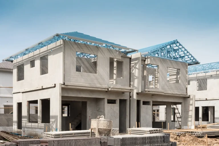 Rohbau eines zweigeschossigen Wohnhauses mit unverputzten Betonwänden und einem offenen Dachstuhl aus blauen Stahlträgern auf einer Baustelle.
