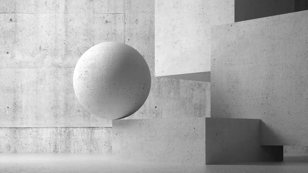 Minimalistische Betonszene mit einer schwebenden Kugel vor geometrischen Betonblöcken in grauen Farbtönen.