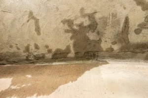 Feuchte Kellerwand mit deutlich sichtbaren Wasserflecken und aufsteigender Nässe im Mauerwerk, wie sie durch eine defekte oder fehlende Horizontalsperre entstehen kann.