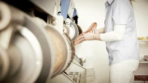 Eine Schuhmacherin fertig in einer Werkstatt an einer Maschine einen orthopädischen Schuh