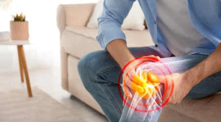 Person hält sich das Knie. Rote Grafik symbolisiert schmerzen im Knie.