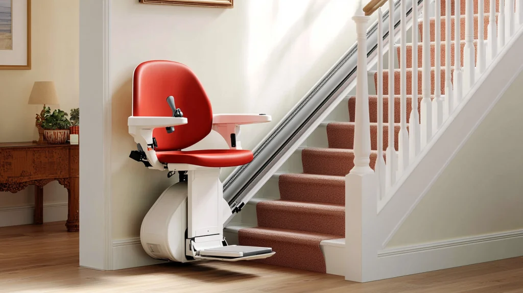 Ein moderner Treppenlift an einer Treppe in einem Wohnhaus. Der Sitzlift hat eine rote Sitzfläche mit Armlehnen.