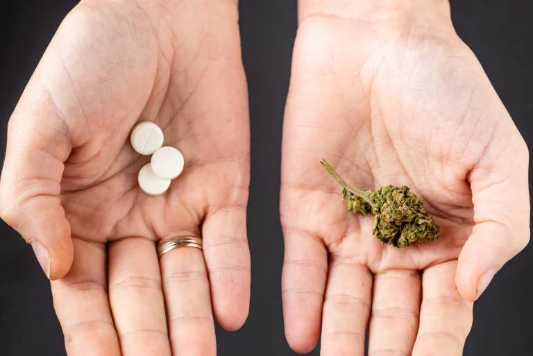 Zwei Hände mit den Handflächen nach oben, die linke Hand hält 2 weiße Tabletten und die rechte Hand Cannabis.