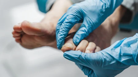 Ein Arzt mit blauen Latexhandschuhen behandelt den Nagelpilz eines Patienten.
