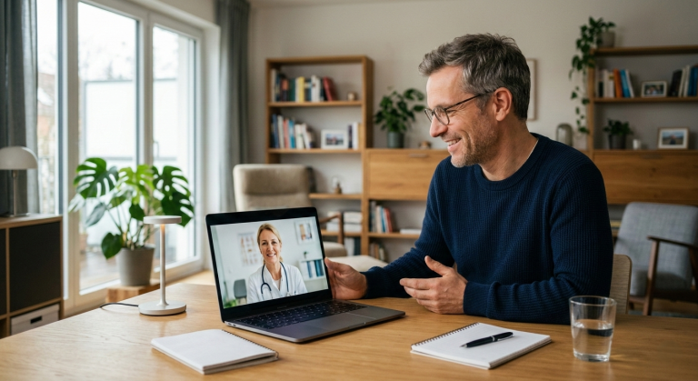 Mann führt zu Hause eine Online-Konsultation mit einem Arzt per Laptop durch.