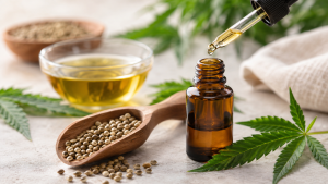 Braune Pipettenflasche mit CBD-Öl, Hanfsamen und grünen Hanfblättern auf hellem Untergrund.