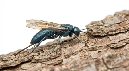 Nahaufnahme eines Blaue Kiefernholzwespe (Sirex juvencus) – Detailansicht zur Schädlingserkennung