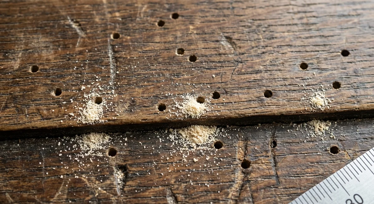 Holzwurm Befall - typische Ausfluglöcher und Bohrmehl auf Holzbalken