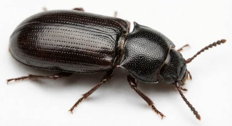 Nahaufnahme eines Schwarzer Getreidenager (Tenebroides mauritanicus) – Detailansicht zur Schädlingserkennung