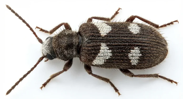 Nahaufnahme eines Sechspunkt-Diebskäfer (Ptinus sexpunctatus) – Detailansicht zur Schädlingserkennung