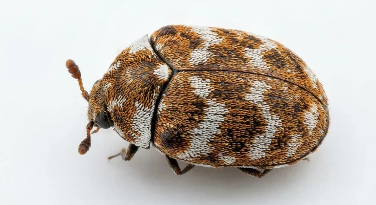 Nahaufnahme eines Wollkrautblütenkäfer (Anthrenus verbasci) – Detailansicht zur Schädlingserkennung