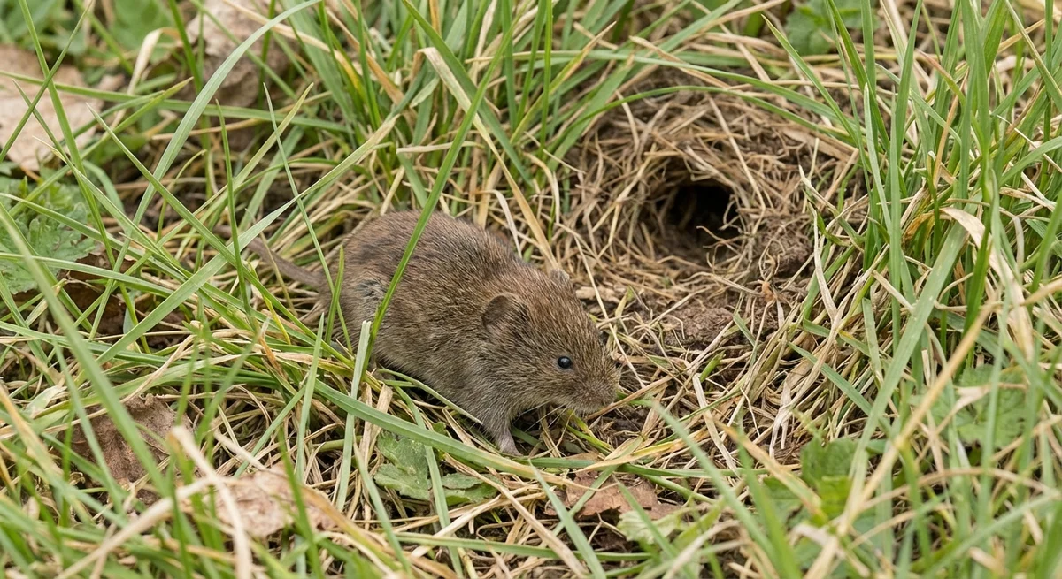 Erdmaus (Microtus agrestis) in typischer Umgebung – Befall erkennen und bekämpfen