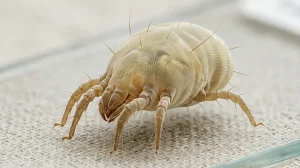 Nahaufnahme eines Amerikanische Hausstaubmilbe (Dermatophagoides farinae) – Detailansicht zur Schädlingserkennung