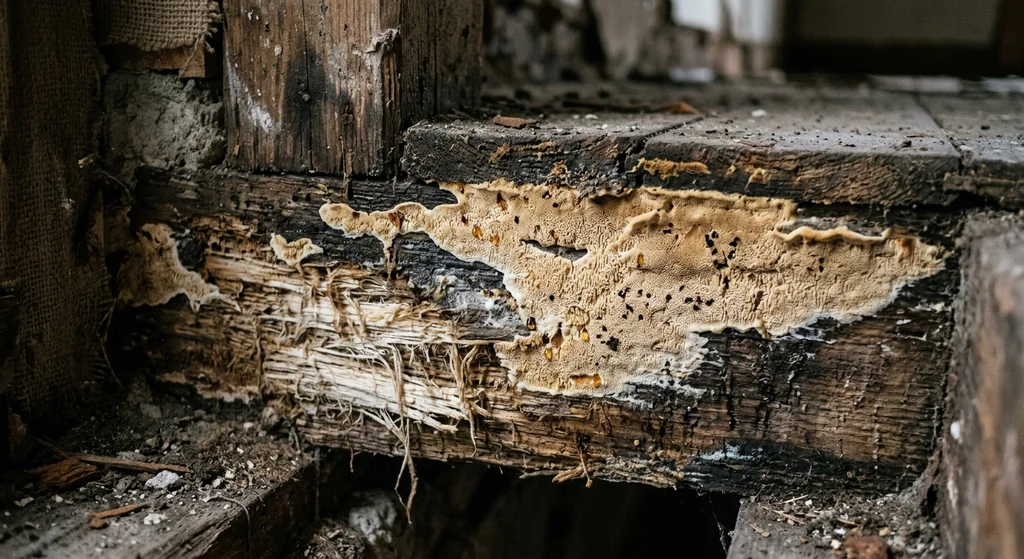 Ausgebreiteter Hausporling (Donkioporia expansa) in typischer Umgebung – Befall erkennen und bekämpfen