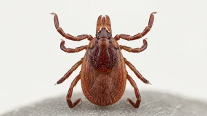 Nahaufnahme eines Braune Hundezecke (Rhipicephalus sanguineus) – Detailansicht zur Schädlingserkennung