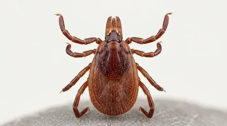 Nahaufnahme eines Braune Hundezecke (Rhipicephalus sanguineus) – Detailansicht zur Schädlingserkennung