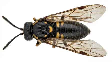 Nahaufnahme eines Fichtenbuschhornblattwespe (Gilpinia hercyniae) – Detailansicht zur Schädlingserkennung