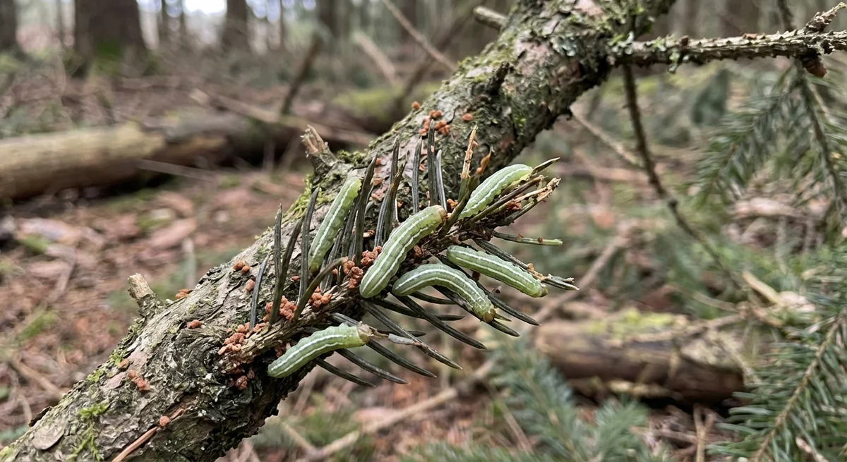 Fichtenbuschhornblattwespe (Gilpinia hercyniae) in typischer Umgebung – Befall erkennen und bekämpfen