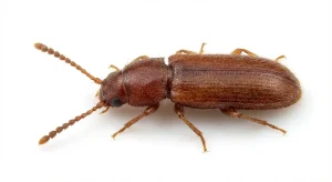 Nahaufnahme eines Kleiner Leistenkopfplattkäfer (Cryptolestes pusillus) – Detailansicht zur Schädlingserkennung