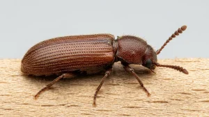 Nahaufnahme eines Nordamerikanischer Splintholzkäfer (Lyctus planicollis) – Detailansicht zur Schädlingserkennung