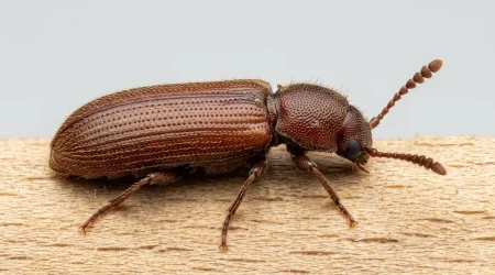 Nahaufnahme eines Nordamerikanischer Splintholzkäfer (Lyctus planicollis) – Detailansicht zur Schädlingserkennung