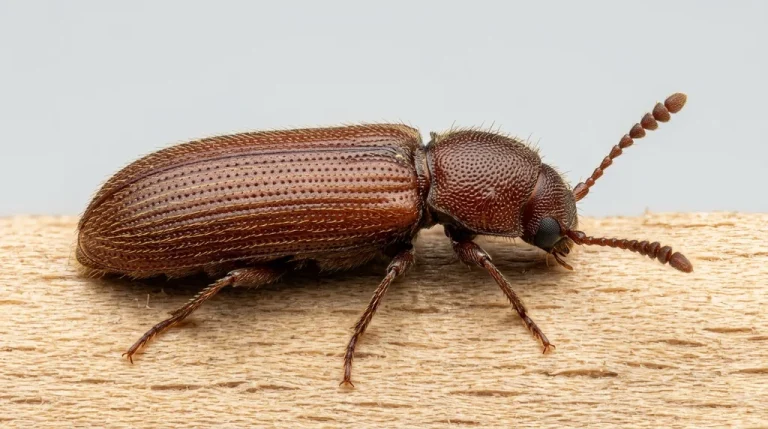 Nahaufnahme eines Nordamerikanischer Splintholzkäfer (Lyctus planicollis) – Detailansicht zur Schädlingserkennung