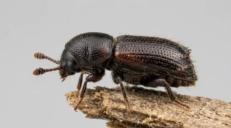 Nahaufnahme eines Schwarzer Nutzholzborkenkäfer (Xyleborinus saxesenii) – Detailansicht zur Schädlingserkennung