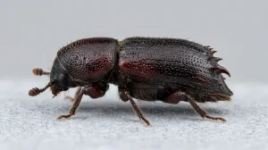 Nahaufnahme eines Sechszähniger Kiefernborkenkäfer (Ips acuminatus) – Detailansicht zur Schädlingserkennung