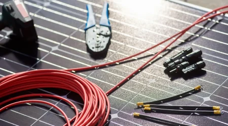 PV-Komponenten auf einem Solarmodul, darunter rote Solarkabel, MC4-Stecker, Crimpwerkzeug und Anschlussleitungen für die Installation einer Photovoltaikanlage.
