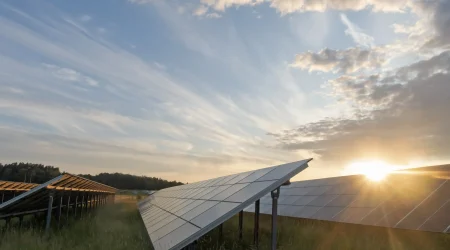 Photovoltaik Insellösung mit freistehenden Solarmodulen auf einer Wiese bei Sonnenuntergang.