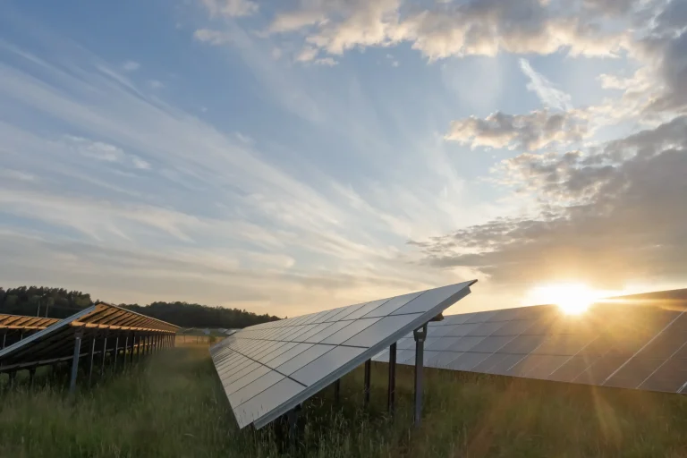 Photovoltaik Insellösung mit freistehenden Solarmodulen auf einer Wiese bei Sonnenuntergang.